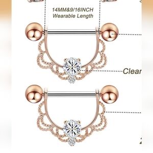 Gold Plated Nipple Shield Barbell Pair with Clear Gem 14mm 9/16" Long